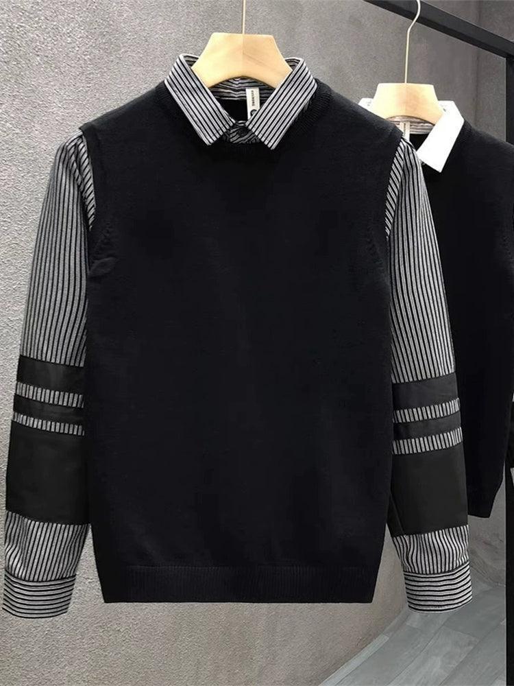 Men's Shirt Collar Fake Two-Piece Sweater - Striped Splicing, Slim Fit - ClubOn