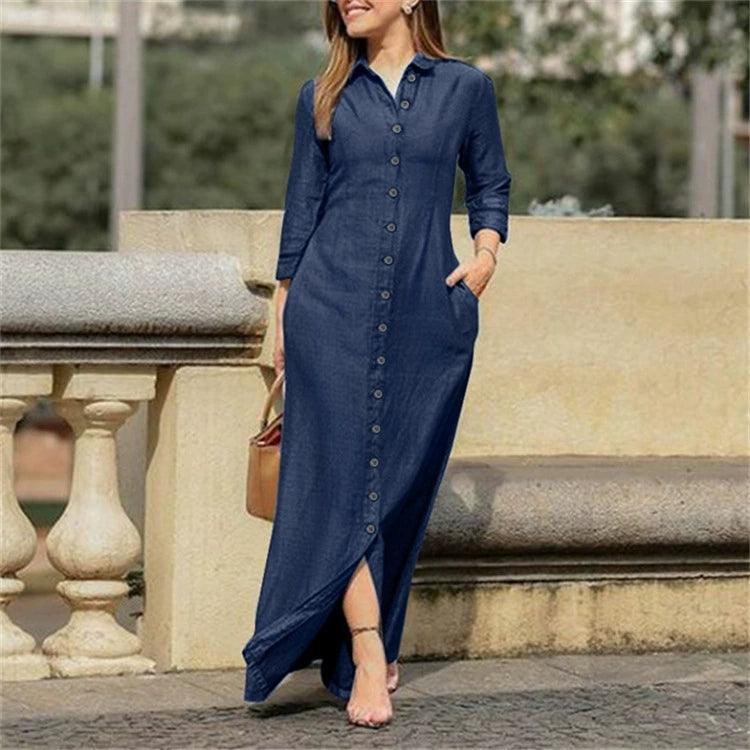 Women’s Plus Size Long Maxi Dress – Autumn & Winter Shirt Style Dress - ClubOn