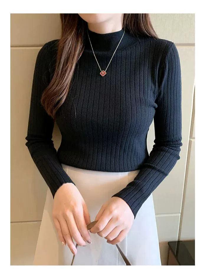 Women Mockneck Sweater Knitted Solid Casual Jumper - ClubOn