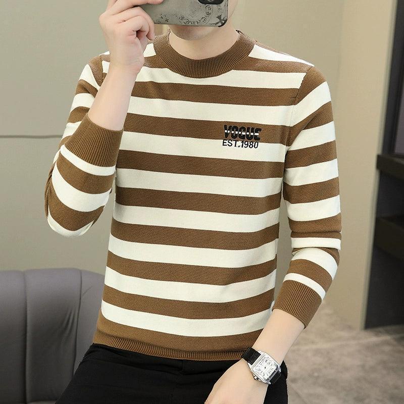 Men's Thickened Wool Sweater - Round Neck Striped Knitted Top - ClubOn