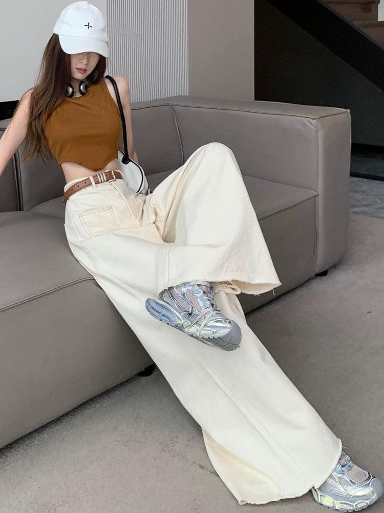 Retro Apricot White Wide-Leg Denim Pants for Women - ClubOn