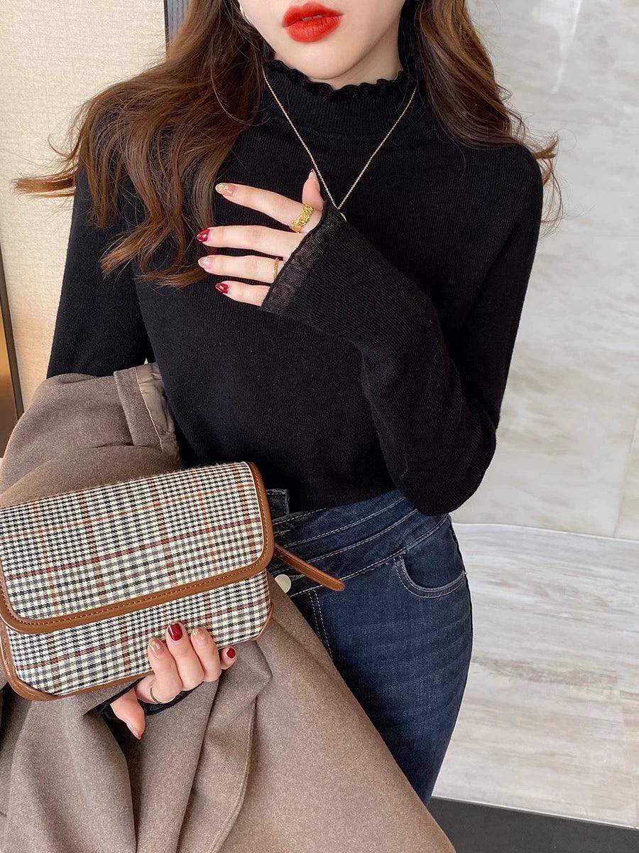 Lace-Edged Half Turtleneck Knitted Top for Women - ClubOn