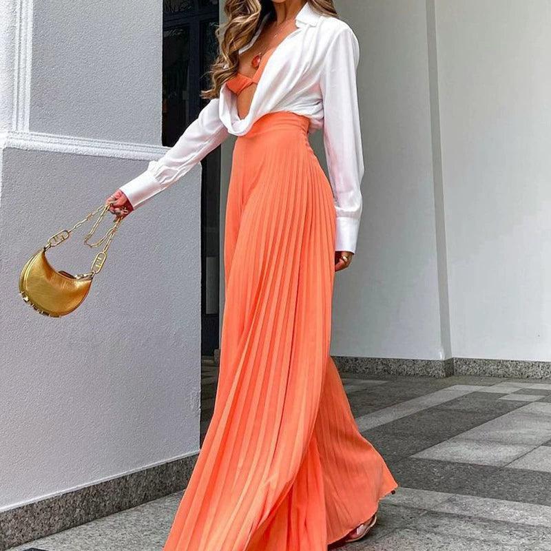 Elegant Women’s Pleated Long Wide-Leg Pants - ClubOn