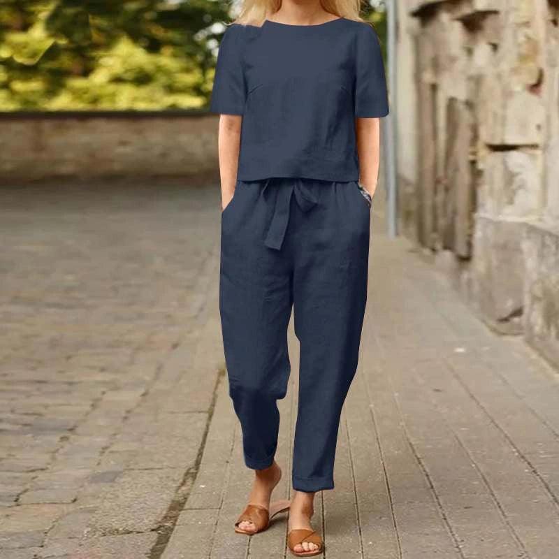 Women’s Cotton and Linen Half-Sleeve Collar Oversized Set - ClubOn