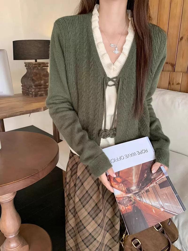 French Retro Fake Two-Piece V-Neck Sweater for Women - ClubOn