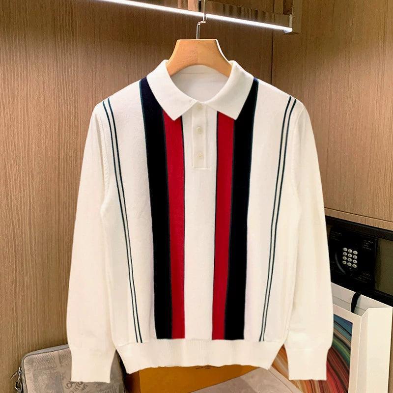 Retro Men's Slim Lapel Sweater - Color-Block Long Sleeve Polo - ClubOn
