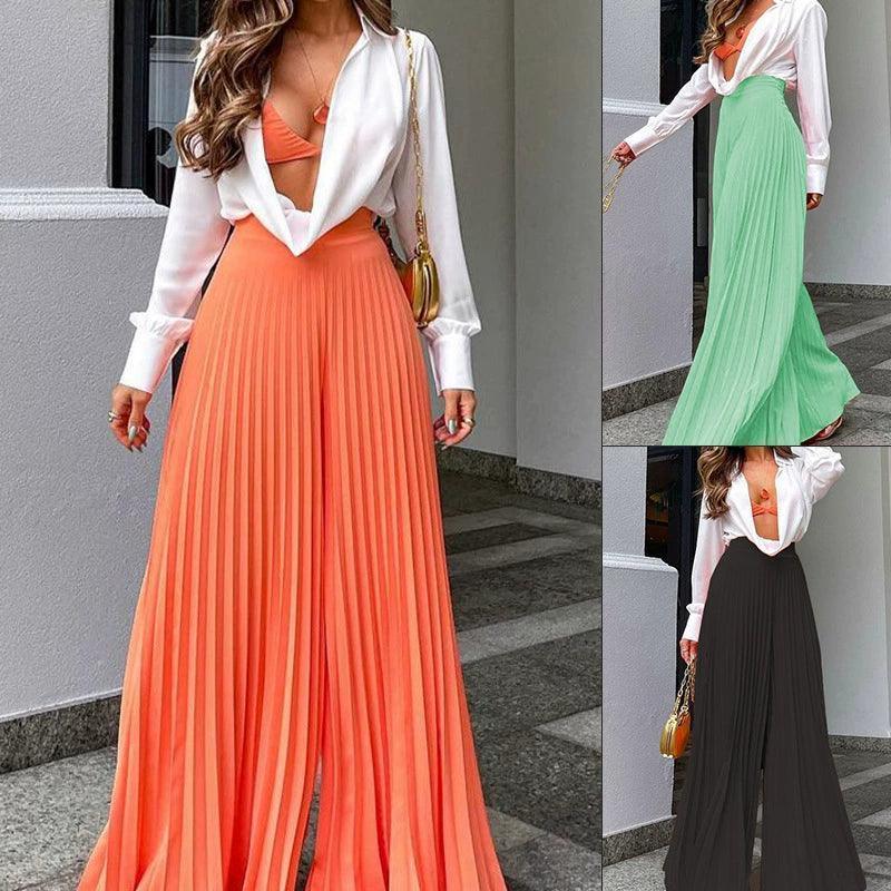 Elegant Women’s Pleated Long Wide-Leg Pants - ClubOn
