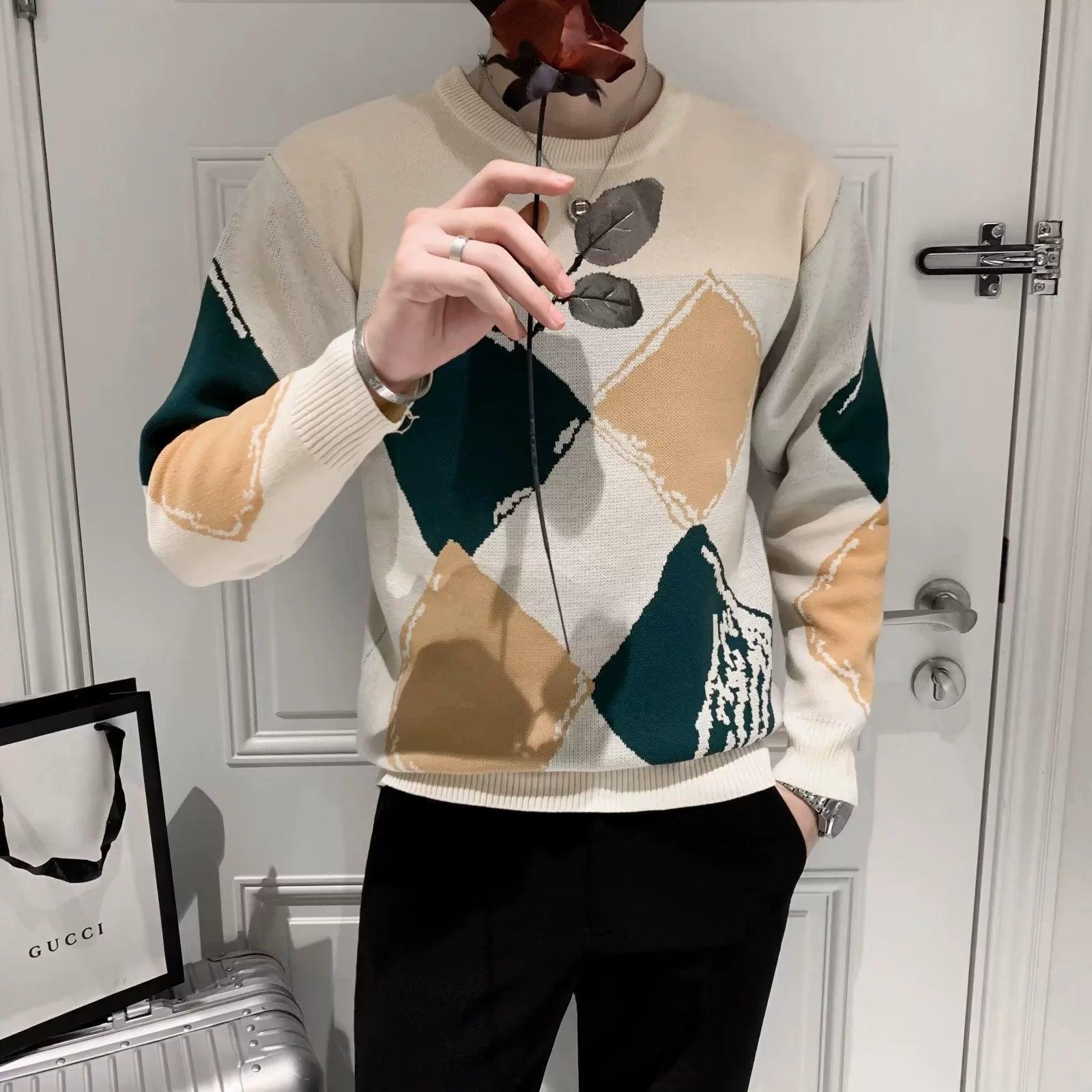 Plaid Round Neck Sweater for Men - High-End Autumn & Winter Knit - ClubOn
