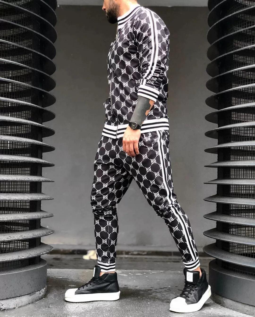 Men's Tracksuit Set - Fashion Plaid Jacket + Pants 2-Piece Set - ClubOn