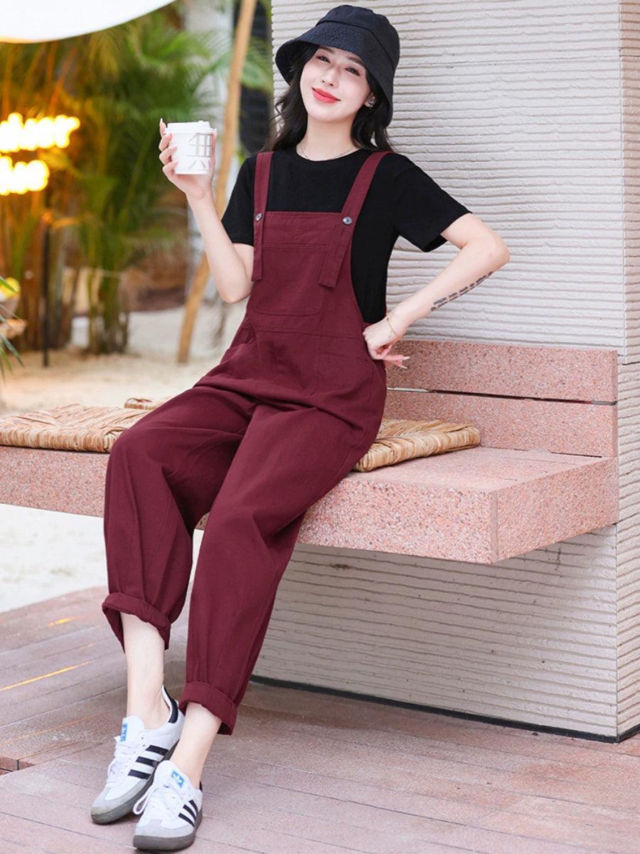 Fashionable Retro Red Denim Overalls for Women - ClubOn