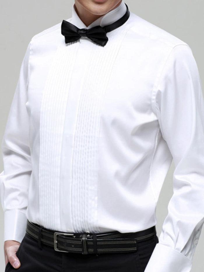White Long-Sleeved Shirt for Men – Slim Fit, Formal, Stage, and Business, with Bow Tie - ClubOn