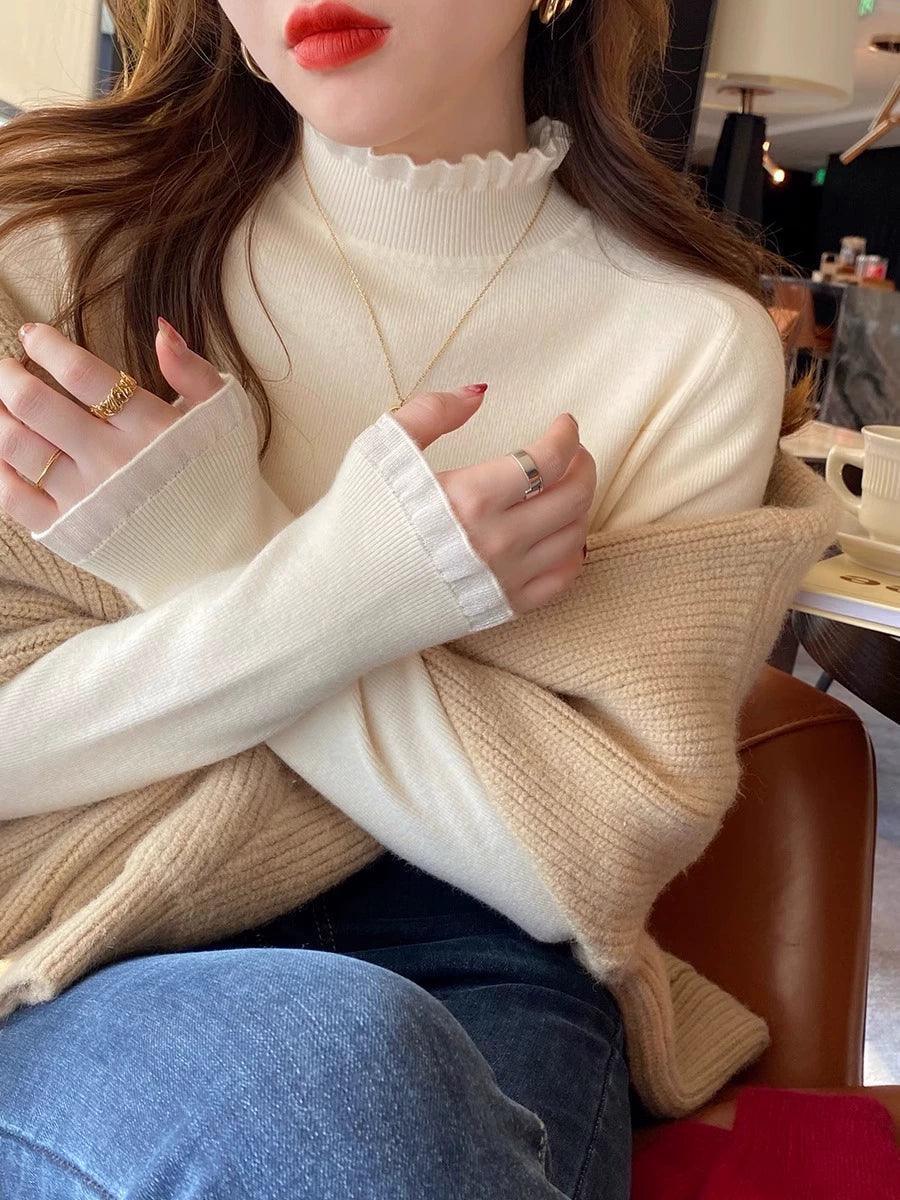 Lace-Edged Half Turtleneck Knitted Top for Women - ClubOn