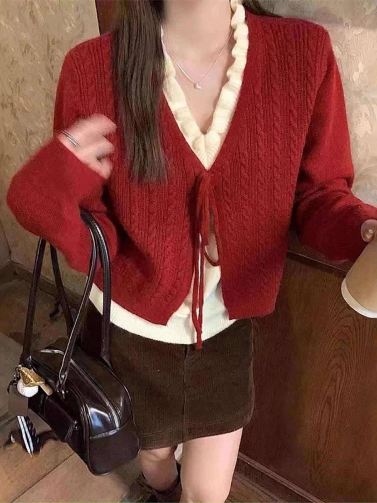 French Retro Fake Two-Piece V-Neck Sweater for Women - ClubOn