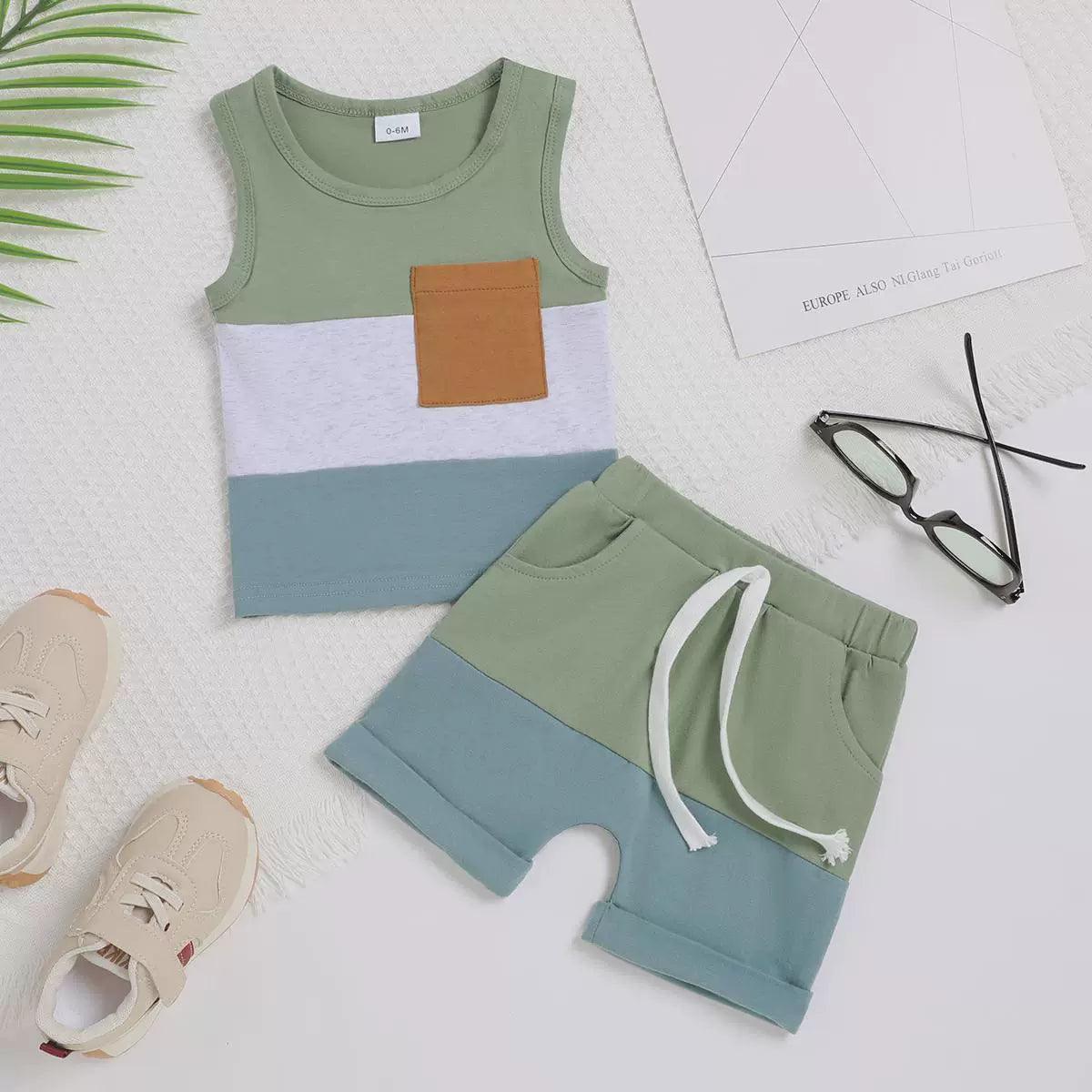 Infant Baby Boys Patchwork Short Set - Sleeveless Vest & Shorts - ClubOn