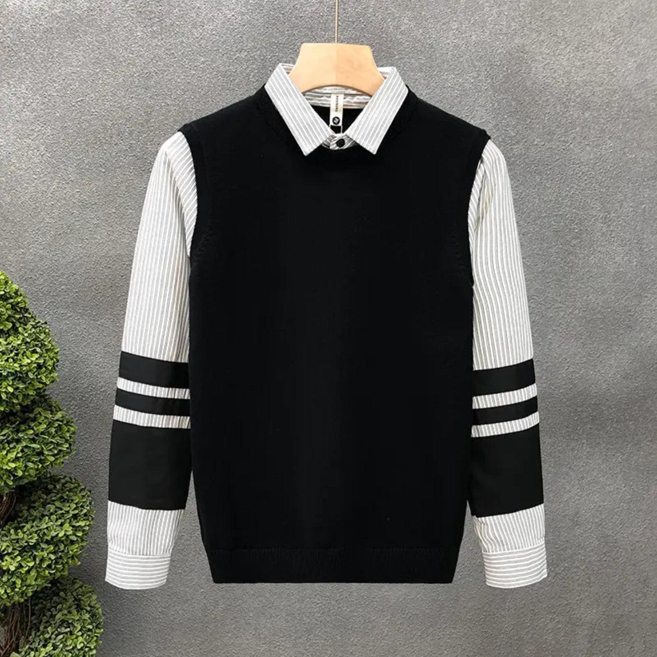 Men's Shirt Collar Fake Two-Piece Sweater - Striped Splicing, Slim Fit - ClubOn