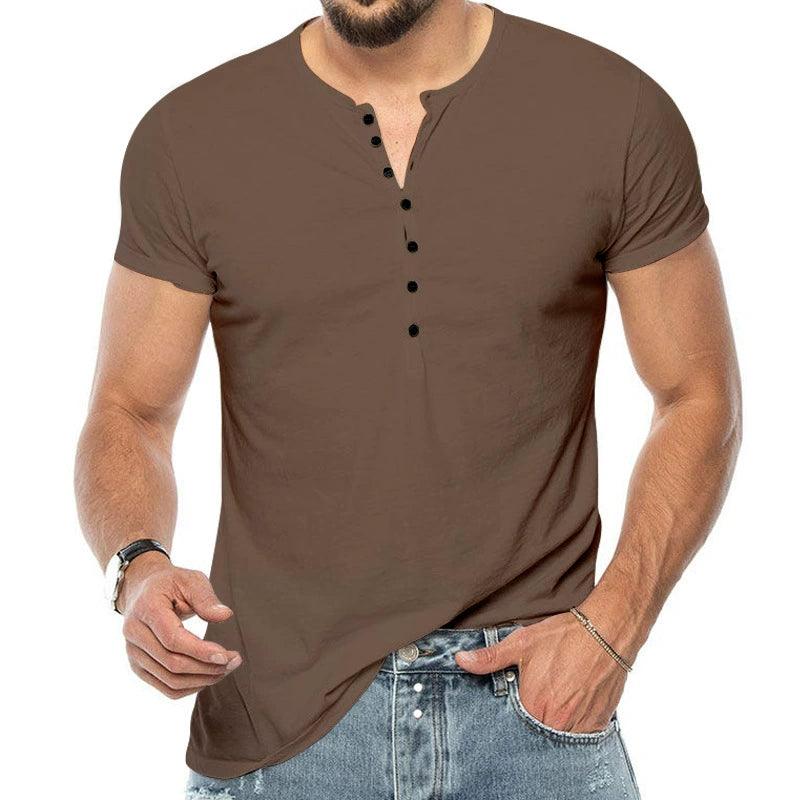 Summer Men's Henry Shirt Solid Color Large Size Loose Short Sleeve T-Shirt - ClubOn
