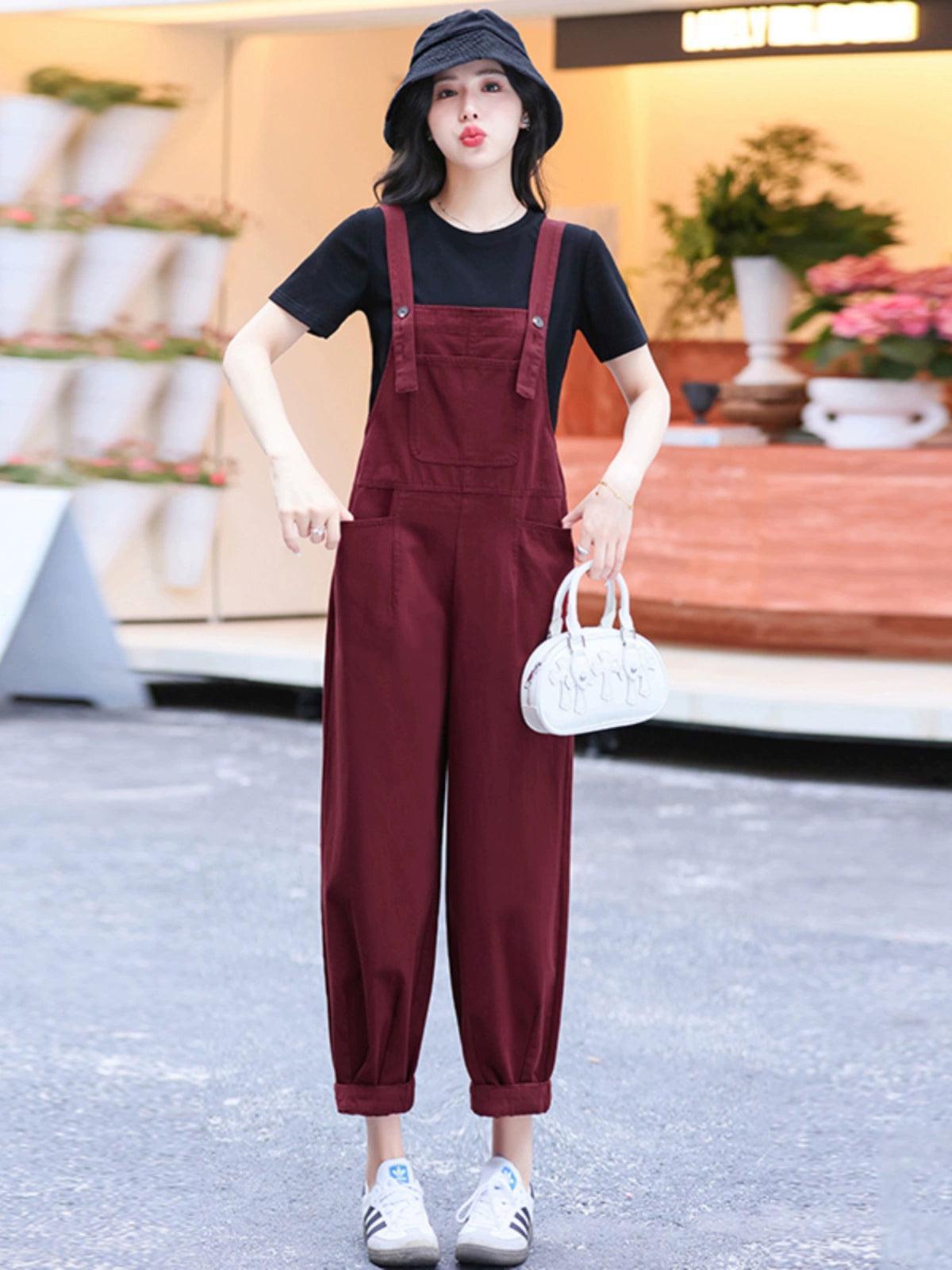 Fashionable Retro Red Denim Overalls for Women - ClubOn