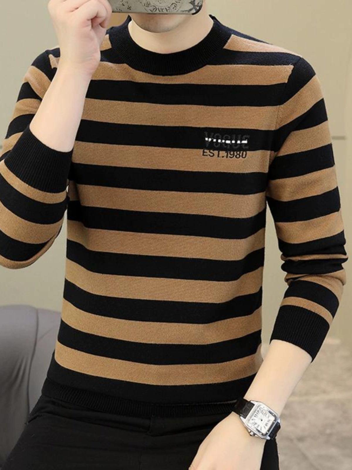 Men's Thickened Wool Sweater - Round Neck Striped Knitted Top - ClubOn