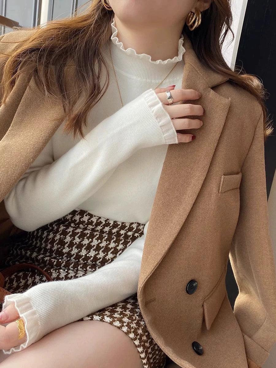 Lace-Edged Half Turtleneck Knitted Top for Women - ClubOn