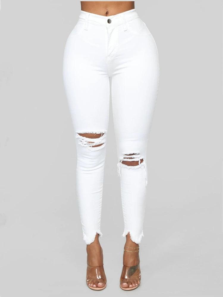 Super Elastic Black Jeans for Women with Fashion Holes - ClubOn