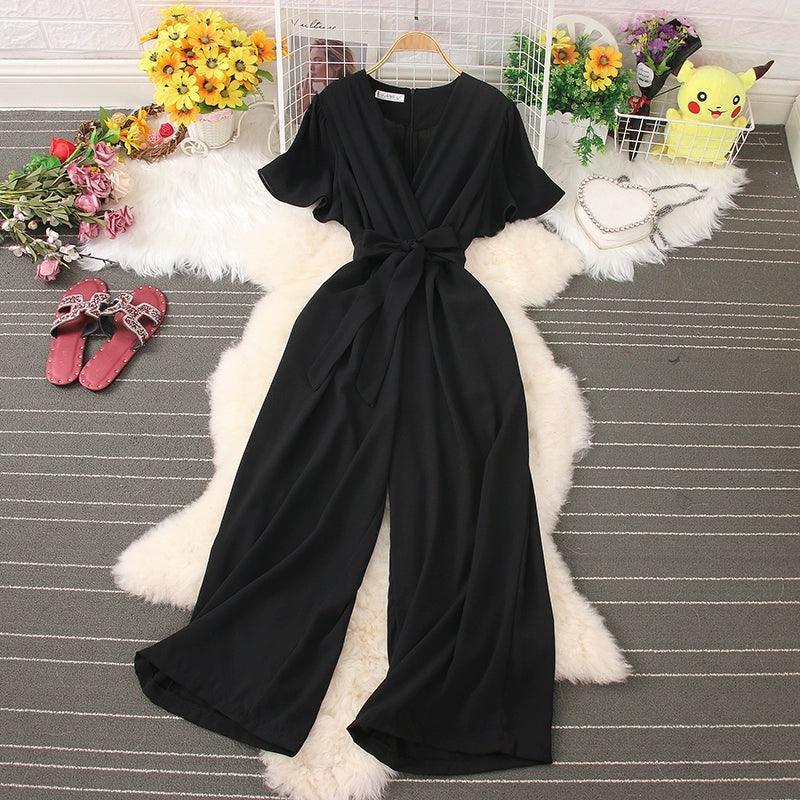Korean INS V-Neck Tie Waist Jumpsuit for Women - ClubOn