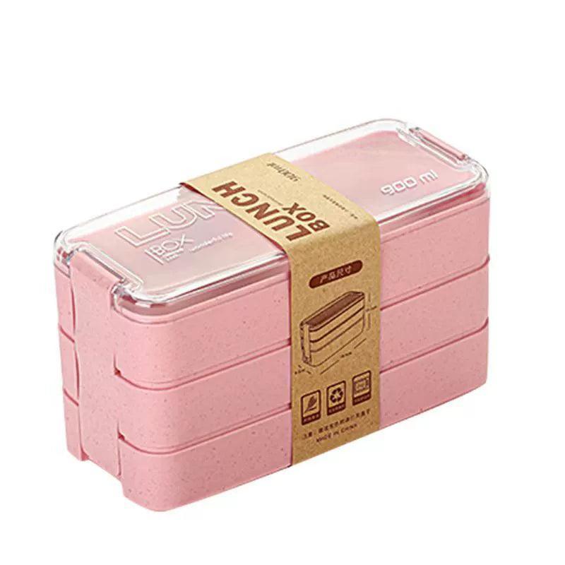 Three-Layer Wheat Straw Plastic Lunch Box with Tableware - ClubOn