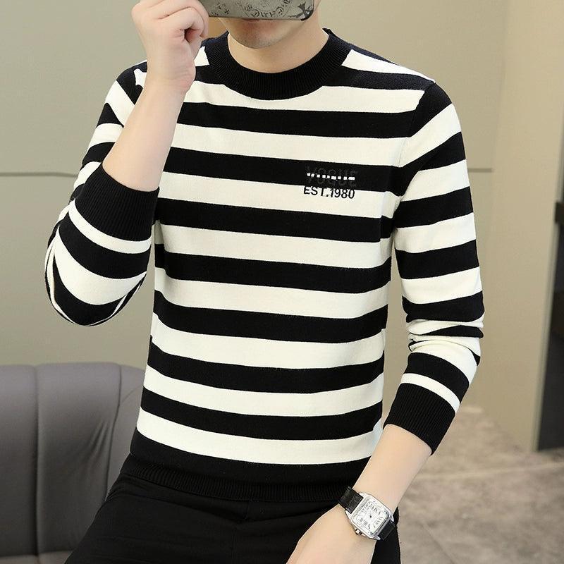 Men's Thickened Wool Sweater - Round Neck Striped Knitted Top - ClubOn