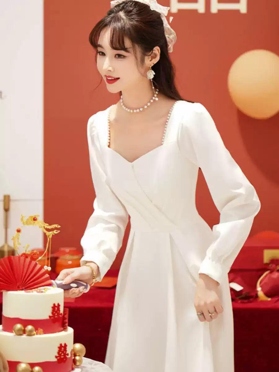 Simple White Dress for Registration - Petite Bride Engagement Dress, Light Wedding Dress, Everyday Wear, Midi Length - ClubOn