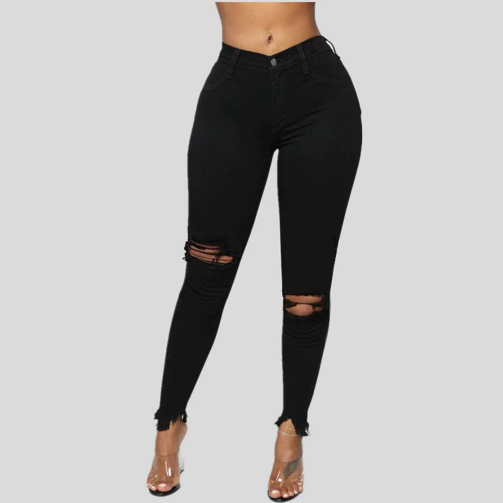 Super Elastic Black Jeans for Women with Fashion Holes - ClubOn