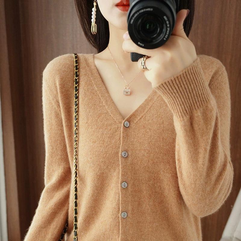 Spring Autumn Women’s Single-Breasted V-Neck Solid Cardigans - ClubOn