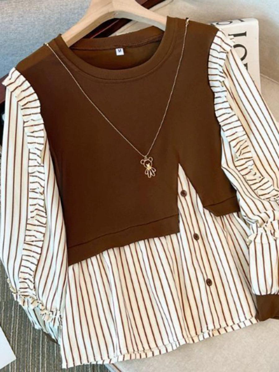Fashionable Splicing Fake Two-Piece Striped Shirt for Women - ClubOn