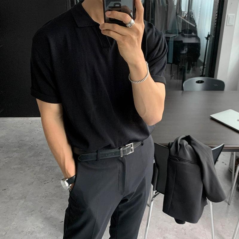Men’s Summer Knitted Polo Shirt – Loose Fit V-Neck Short-Sleeved Top - ClubOn