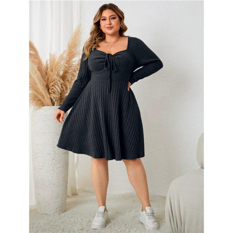 Plus Size Square Neck Long Sleeve Dress - XL-4XL Women's Skirt - ClubOn
