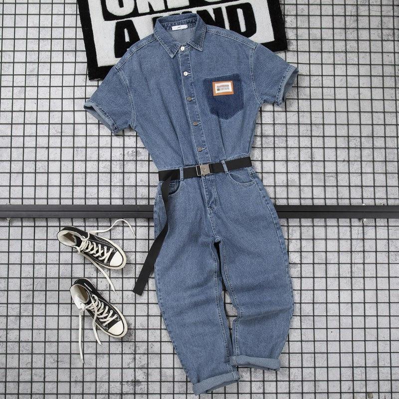 Men’s Spring & Summer Workwear Jumpsuit – Trendy Solid Color Denim One-Piece - ClubOn