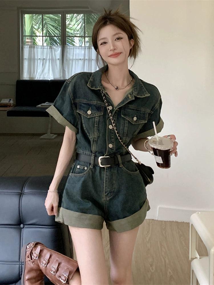 Retro Hong Kong Style Denim Jumpsuit for Women - ClubOn