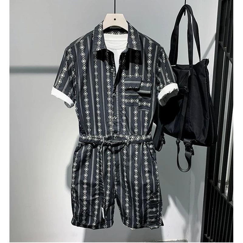 Men’s Summer Overalls Jumpsuit – Short-Sleeved Casual Loose Fit with Printed Design - ClubOn