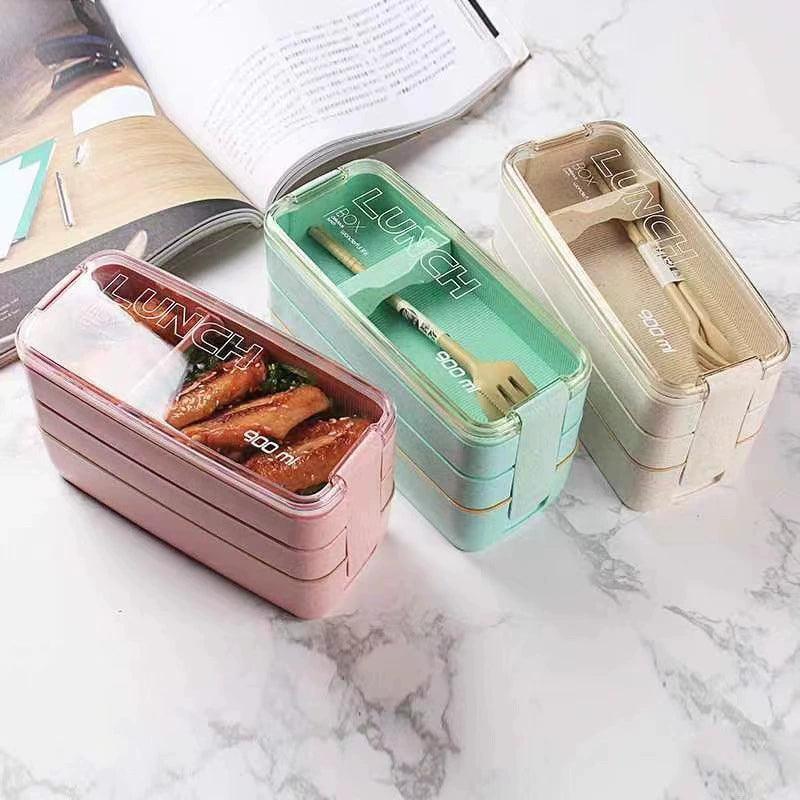 Three-Layer Wheat Straw Plastic Lunch Box with Tableware - ClubOn