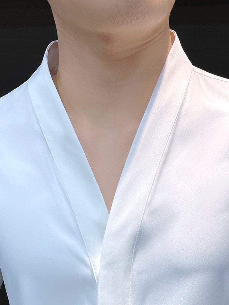 V-neck Ice Silk Shirt for Men - High-End Collarless Shirt for Summer - ClubOn