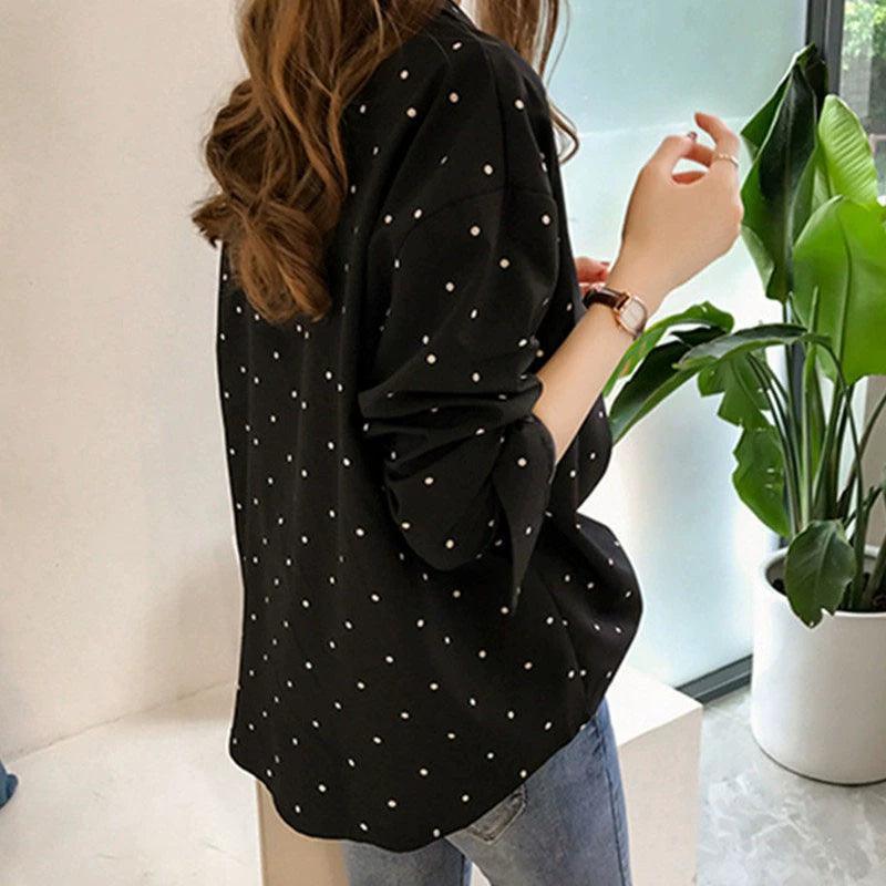 Dots Shirt Women Top Casual V-Neck Long Sleeves Blouses - ClubOn