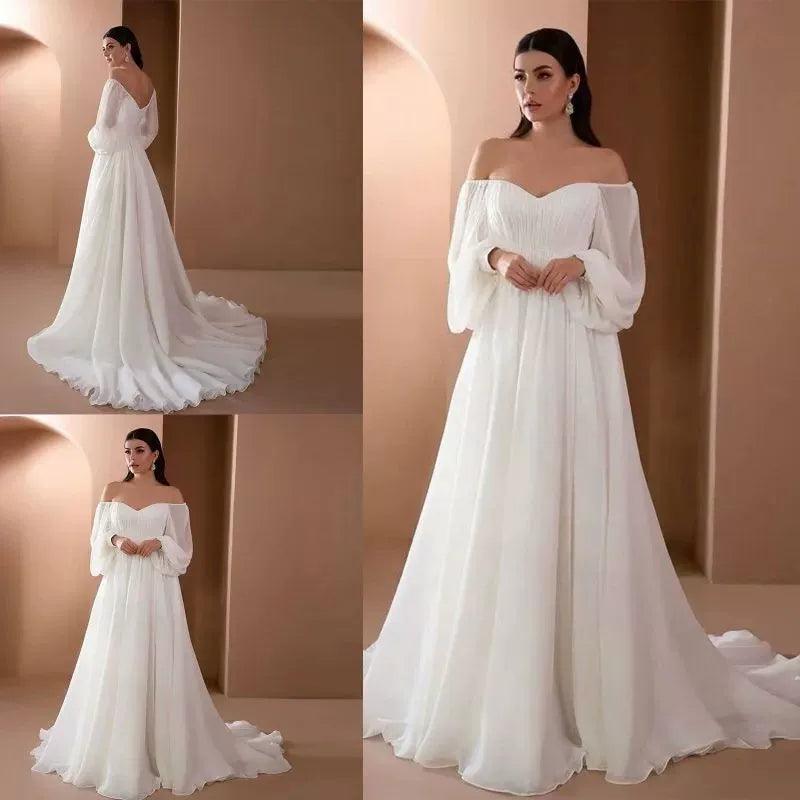 Women’s Elegant Wedding Evening Dress with Puff Long Sleeves, Sexy - ClubOn