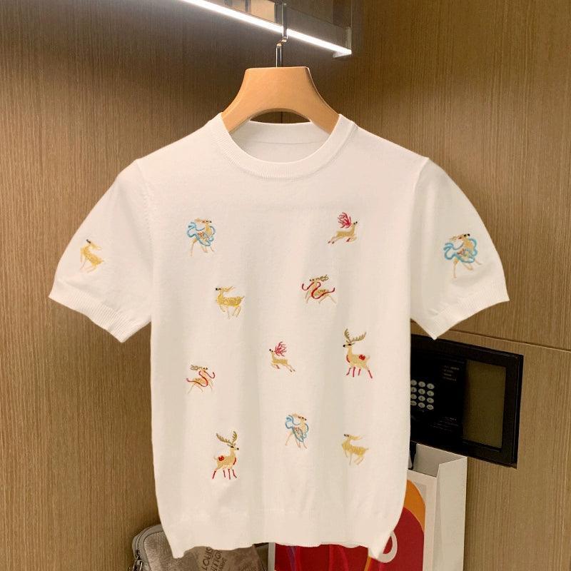 Men's Colorful Elk Embroidery T-Shirt - Trendy Knitted Short-Sleeve - ClubOn