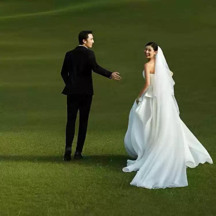 New Bridal Photoshoot Gown - Strapless Outdoor Couple Long Train Satin Wedding Dress - ClubOn