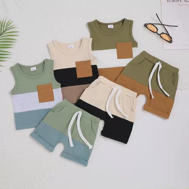 Infant Baby Boys Patchwork Short Set - Sleeveless Vest & Shorts - ClubOn