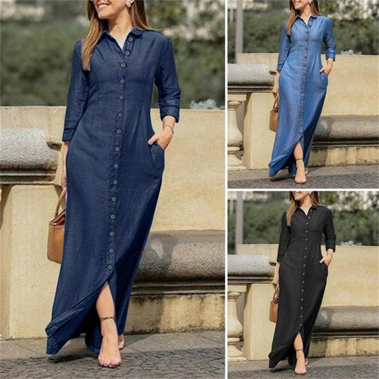 Women’s Plus Size Long Maxi Dress – Autumn & Winter Shirt Style Dress - ClubOn