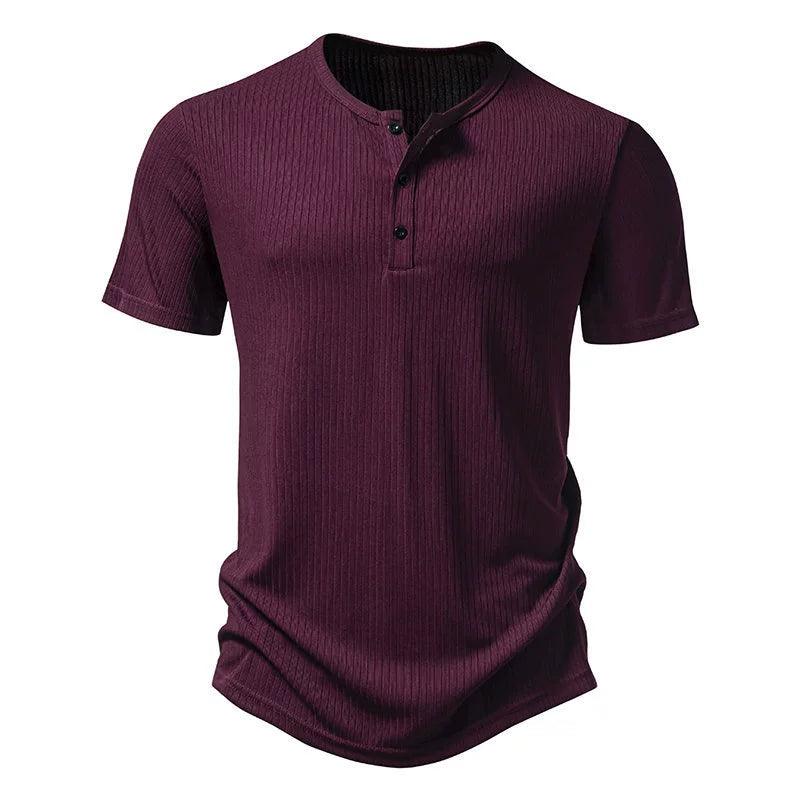 Summer Retro Solid Color Three-Button Henry Collar Short Sleeve T-Shirt Men's T-Shirt - ClubOn