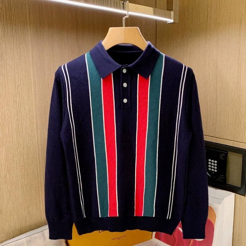 Retro Men's Slim Lapel Sweater - Color-Block Long Sleeve Polo - ClubOn