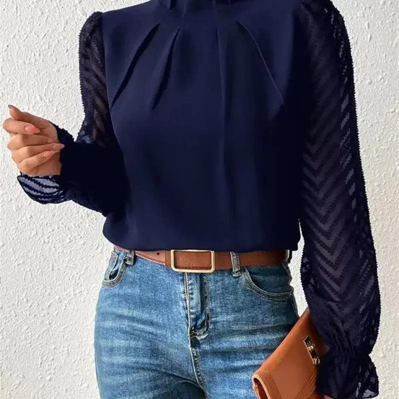 Elegant Women’s Shirt Blouse – Office Lady Autumn Half High Neck - ClubOn