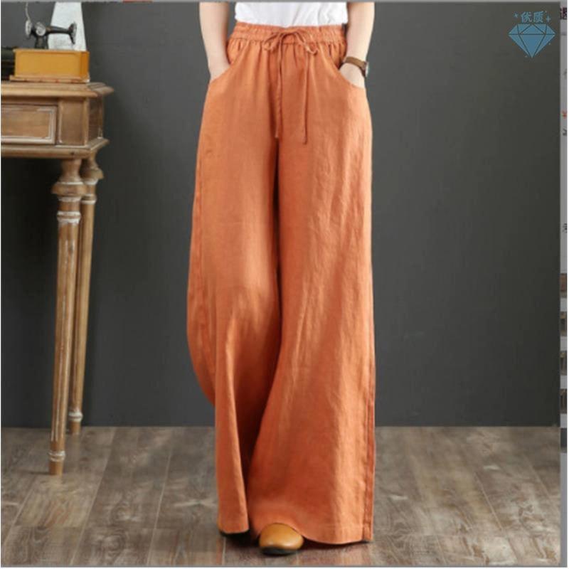 Women's High Waist Wide Leg Pants - Cotton Linen Casual - ClubOn