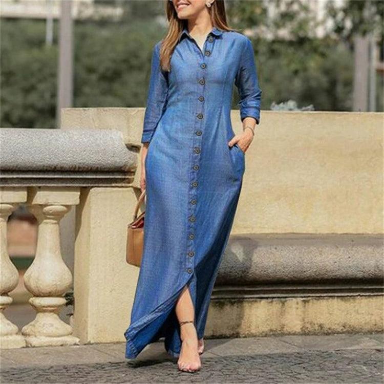 Women’s Plus Size Long Maxi Dress – Autumn & Winter Shirt Style Dress - ClubOn