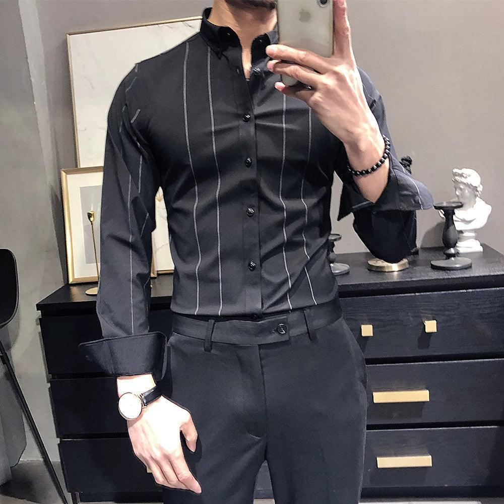 Men's High-End Striped Long-Sleeved Slim Fit Shirt - Business Casual - ClubOn